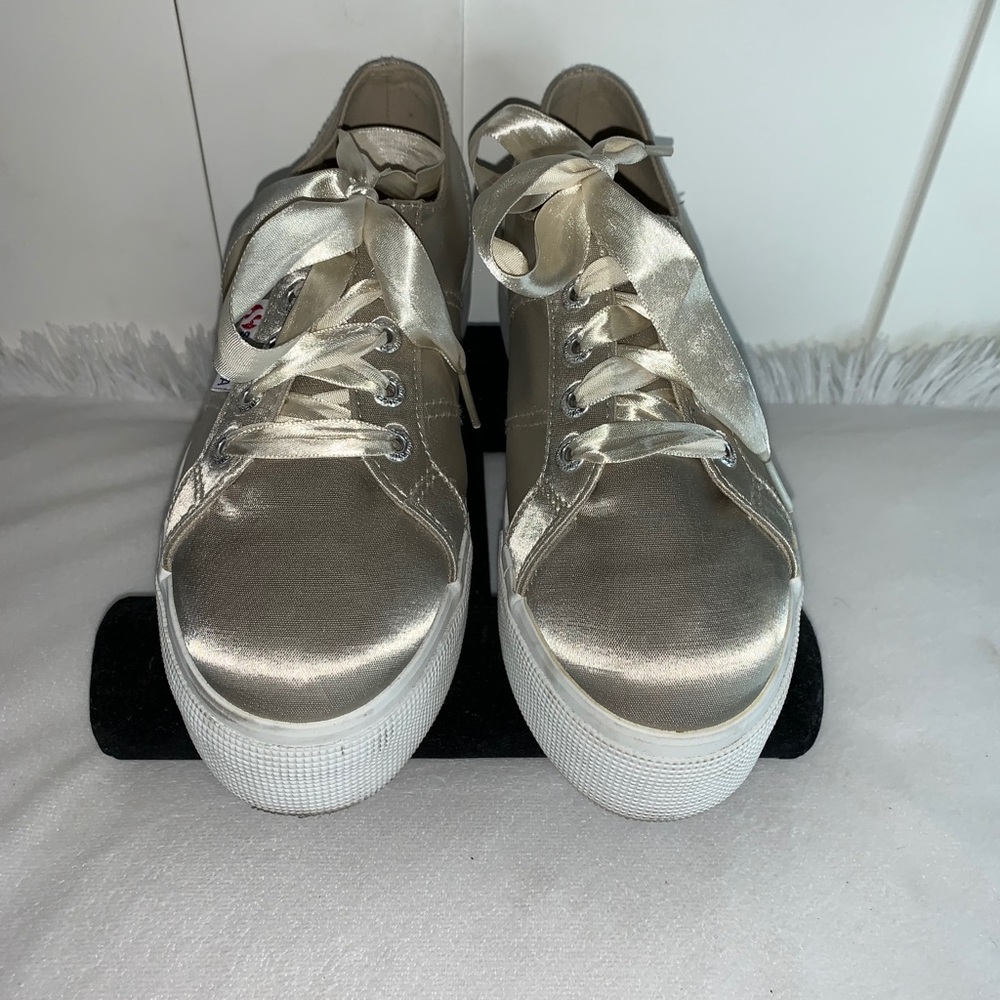 Superga Tan Satin Tie up Platform Shoes